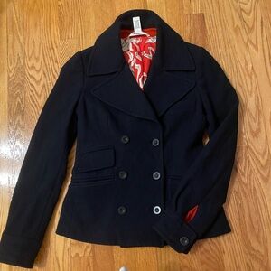 Diane Von Furstenberg Black Pea Coat with Red Lining